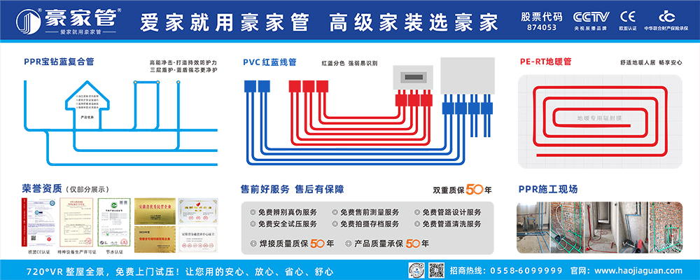 豪家管-經銷商室內廣告、展板、形象墻（2米X5米，PPR+PVC+PERT）